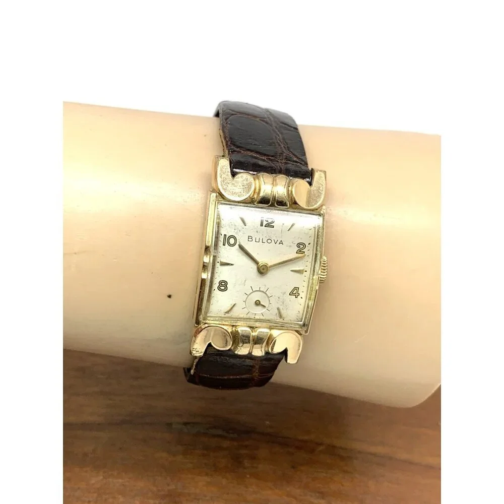 Bulova Watch Vintage 1953 8AC Mechanical Tank 10k Rolled Gold Brown Leather Band